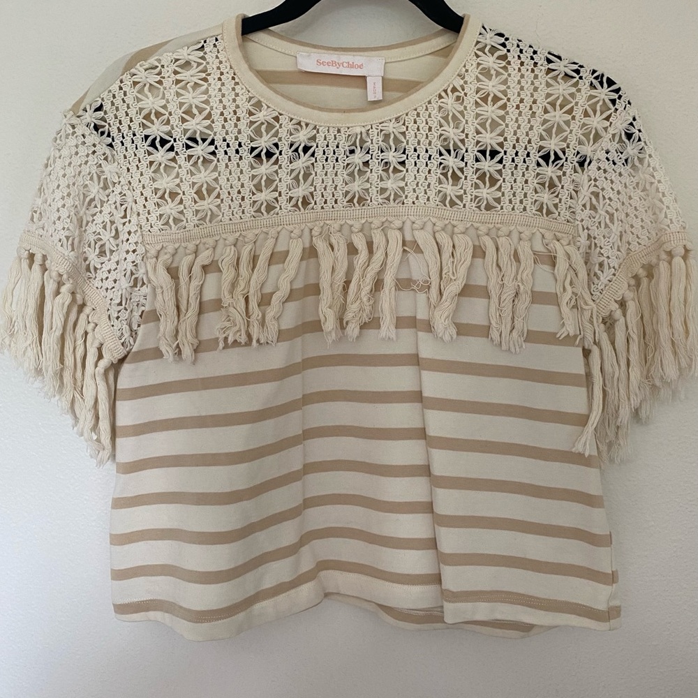 SEE BY CHLOE cream/tan striped fringe shirt
